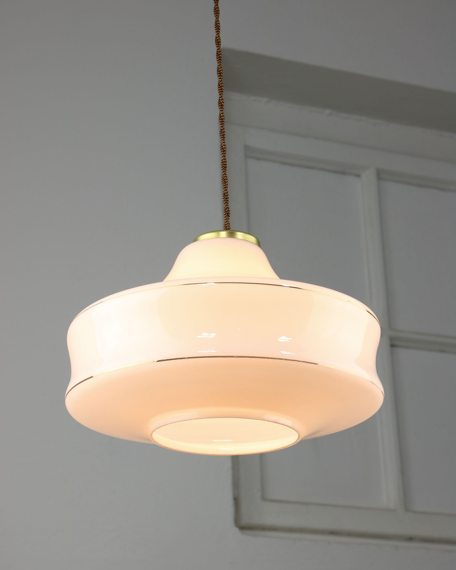 Mid-century White Glass & Brass Pendant Lamp