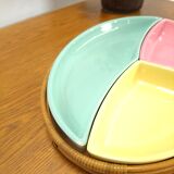 Pastel color bowls set in rattan basket vintage
