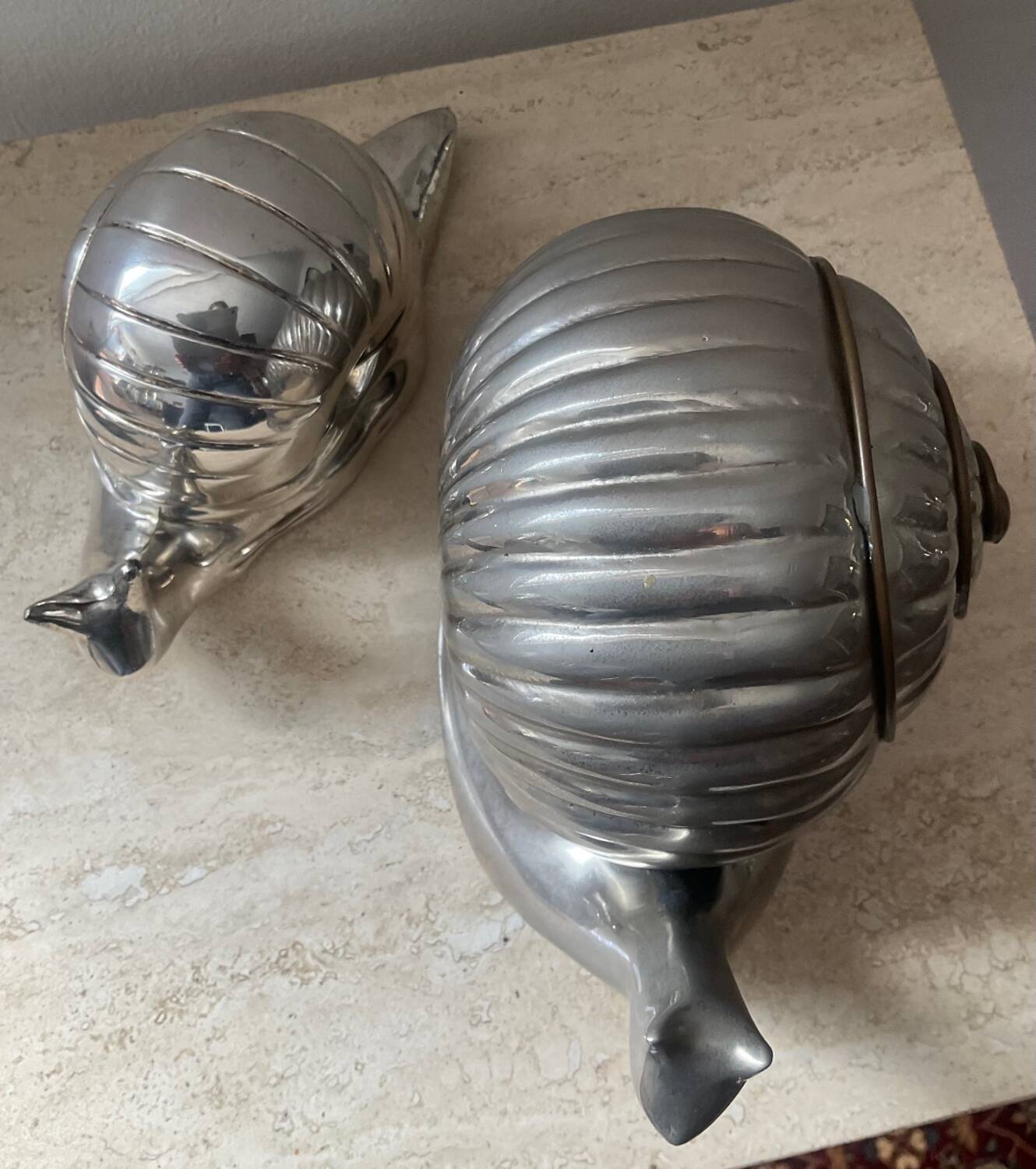 Duo vintage snail jewelry boxes in silver metal
