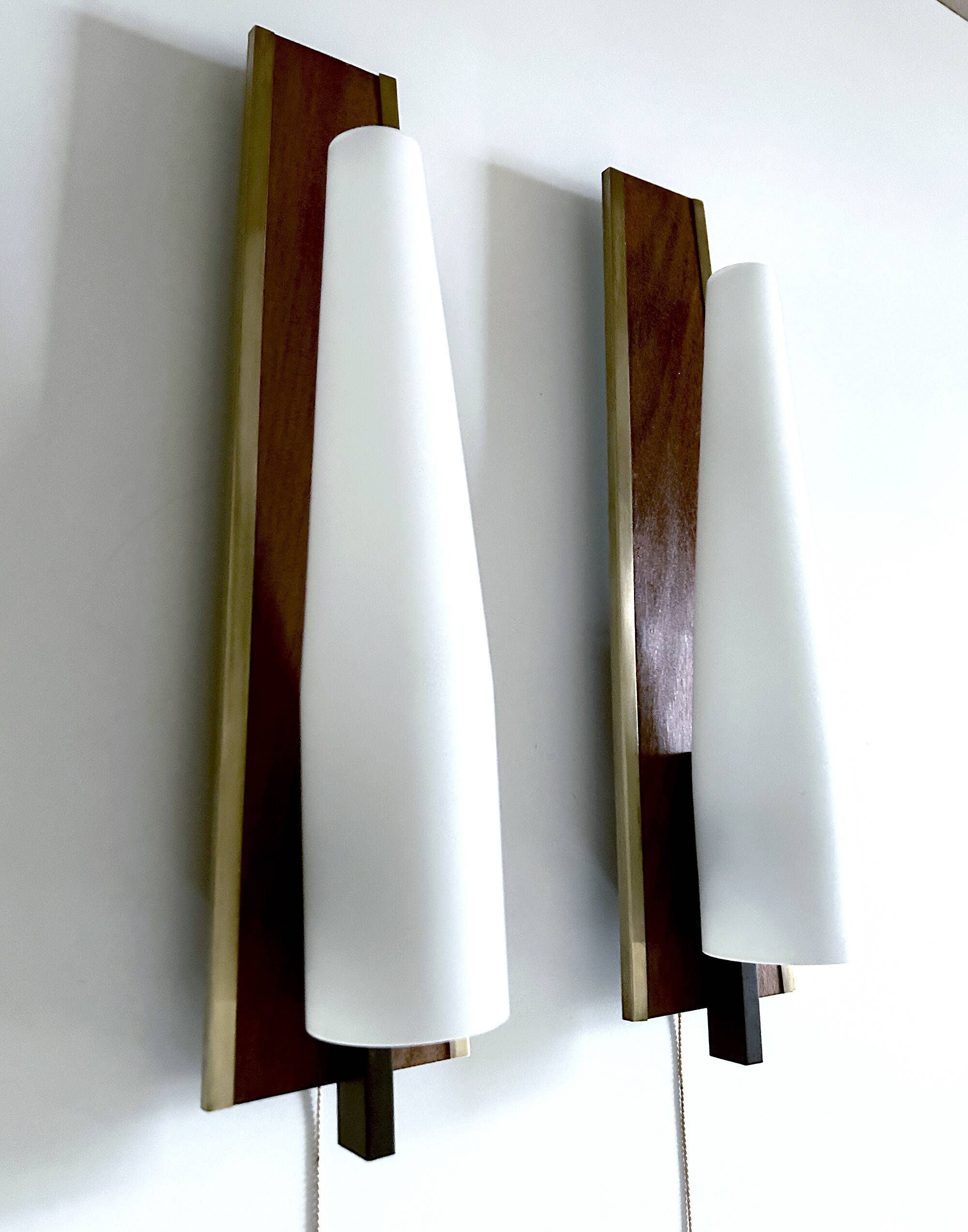 Pair of Large Scandinavian Teak Glass Wall Lights