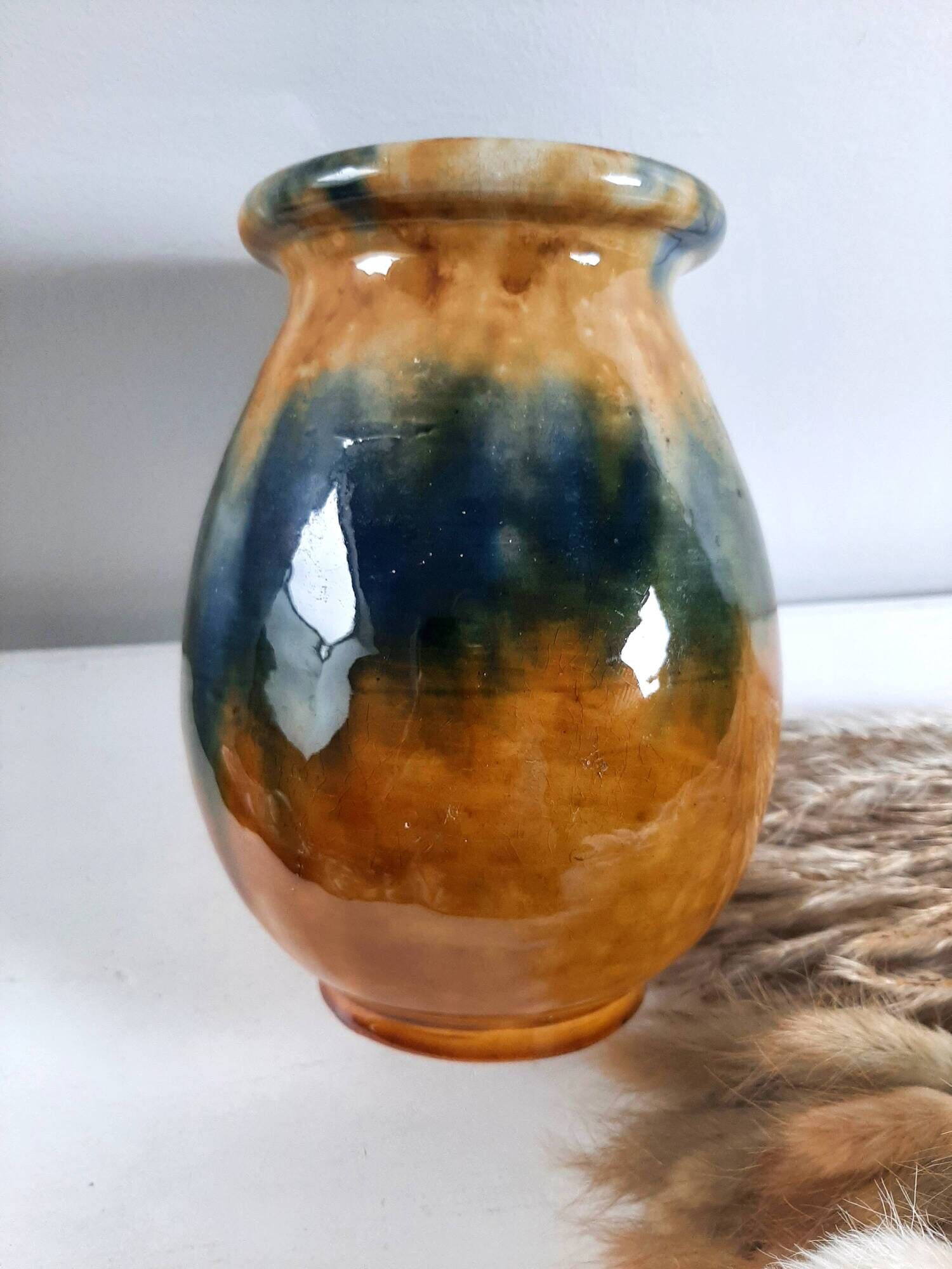 Aetgina vase Vallauris vintage in ochre and blue glazed ceramic.