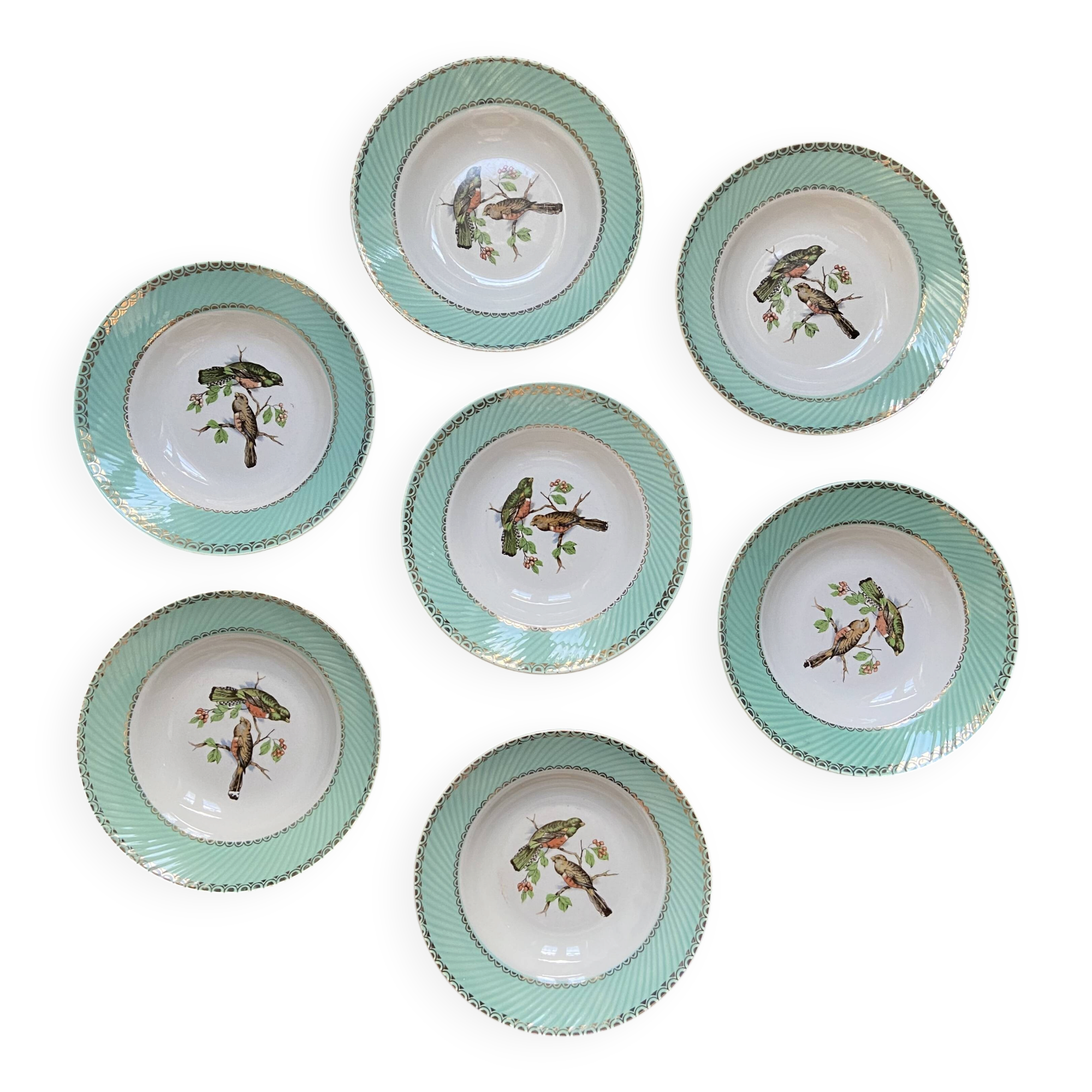 Set of 7 deep plates, turquoise rim and bird pattern.