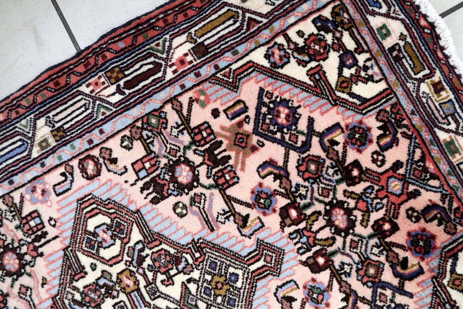 Tapis vintage Malayer fait main 84x120 cm en laine rose et vert - 1C1047