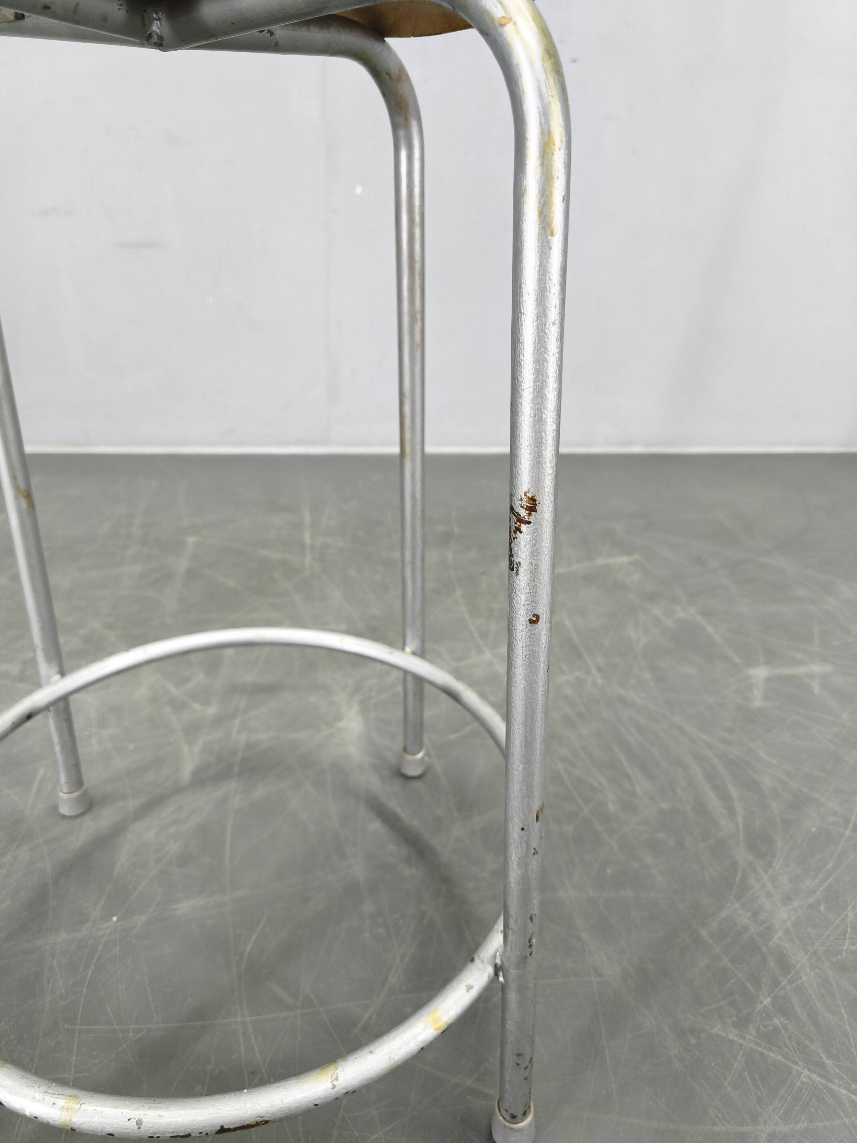 1950s German Industrial Stool with Plywood Seat