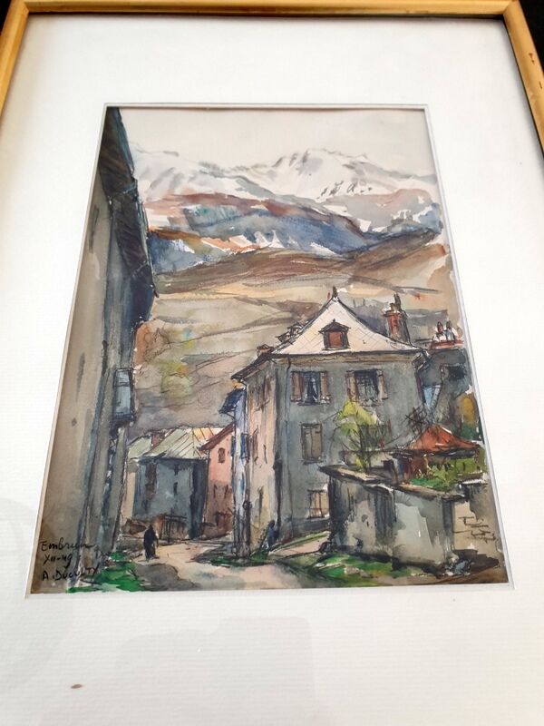 Aquarelle sur papier "Village d'Embrun (05)" Signée en bas à gauche, titré, André Duculty