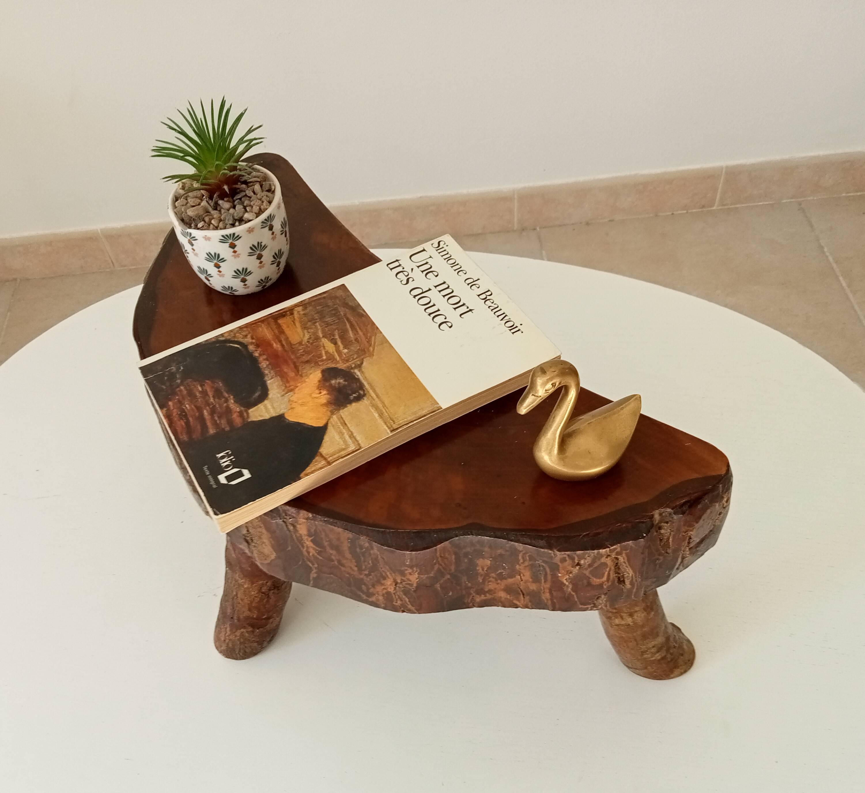 Vintage brutalist tripod stool in solid olive wood