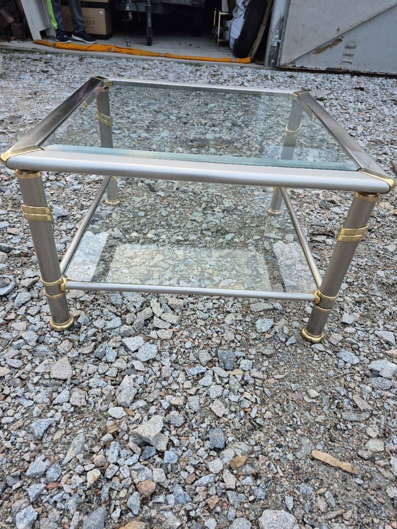 Hollywood Regency side table 1970 brushed metal and gold