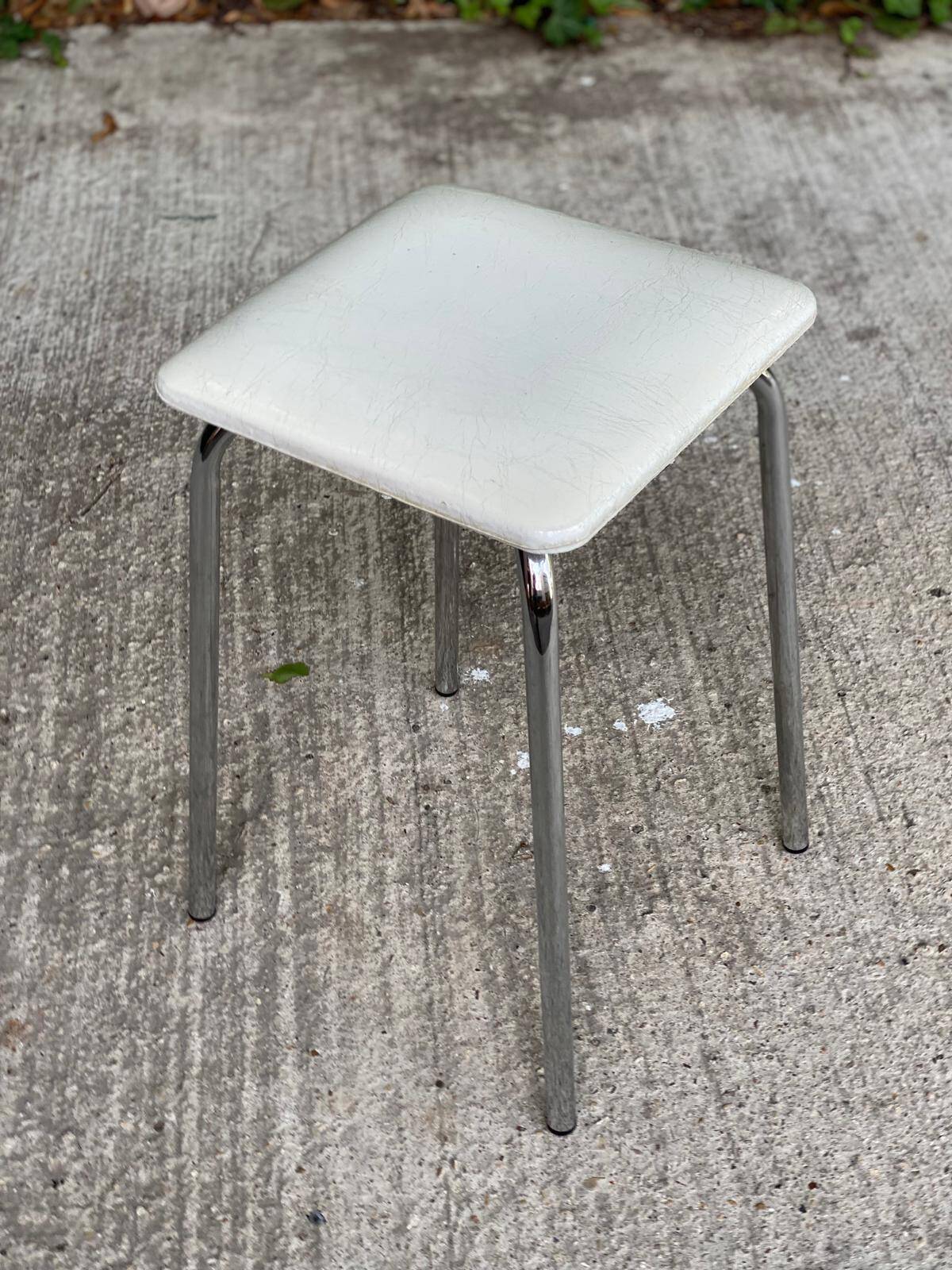 Vintage square steel and white leather stool