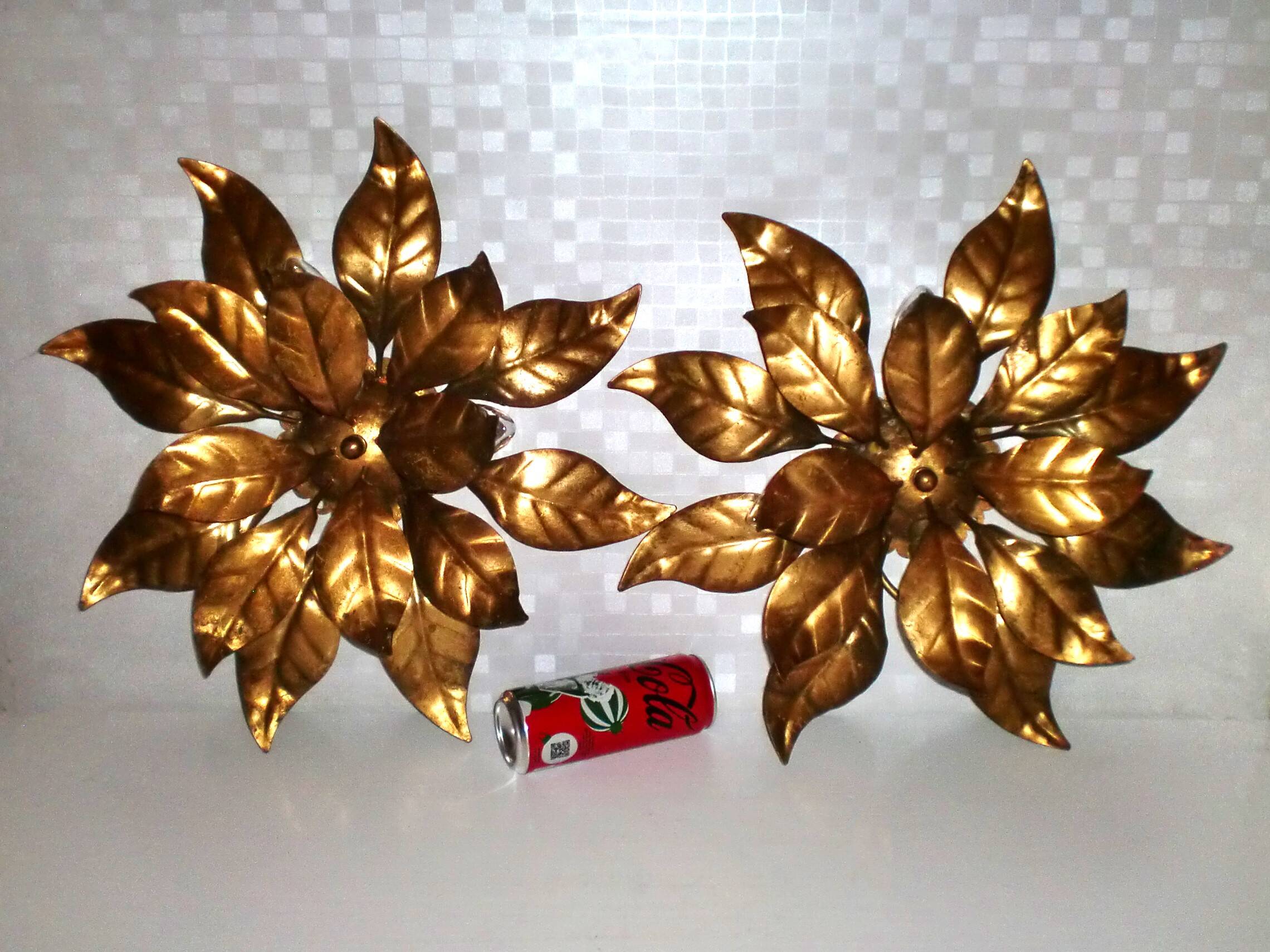 Pair of Florentine Wall Lamps / Ceiling Lights Golden Metal Leaves