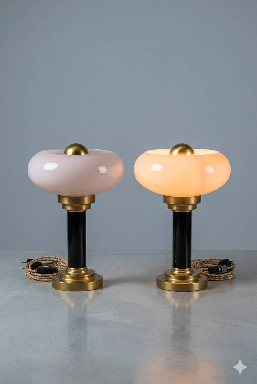 Pair of Art Deco table lamps • Antique glass & Patinated brass