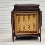 1970s, Scandinavian highback armchair, brown furniture leather, dark beech.