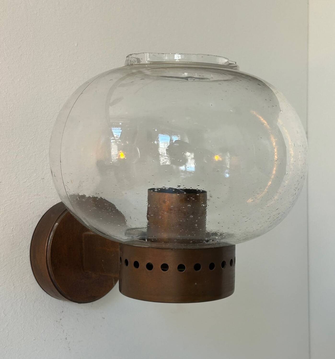 Pair of vintage wall lights, copper and bubbled glass, BEGA Germany 1970