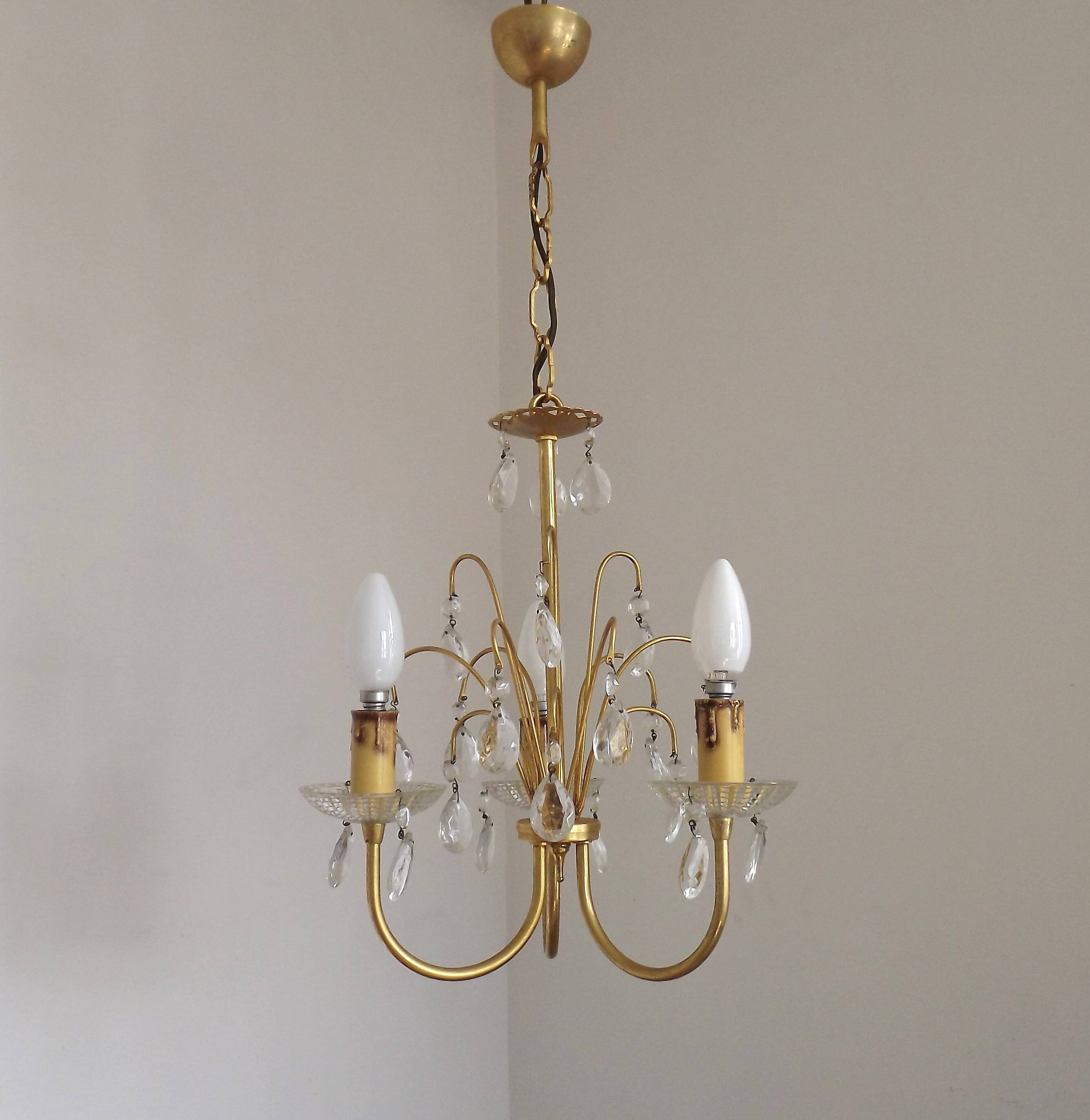 French Vintage Gold Effect Metal-Crystal 3 Light Chandelier Glass Bobeches
