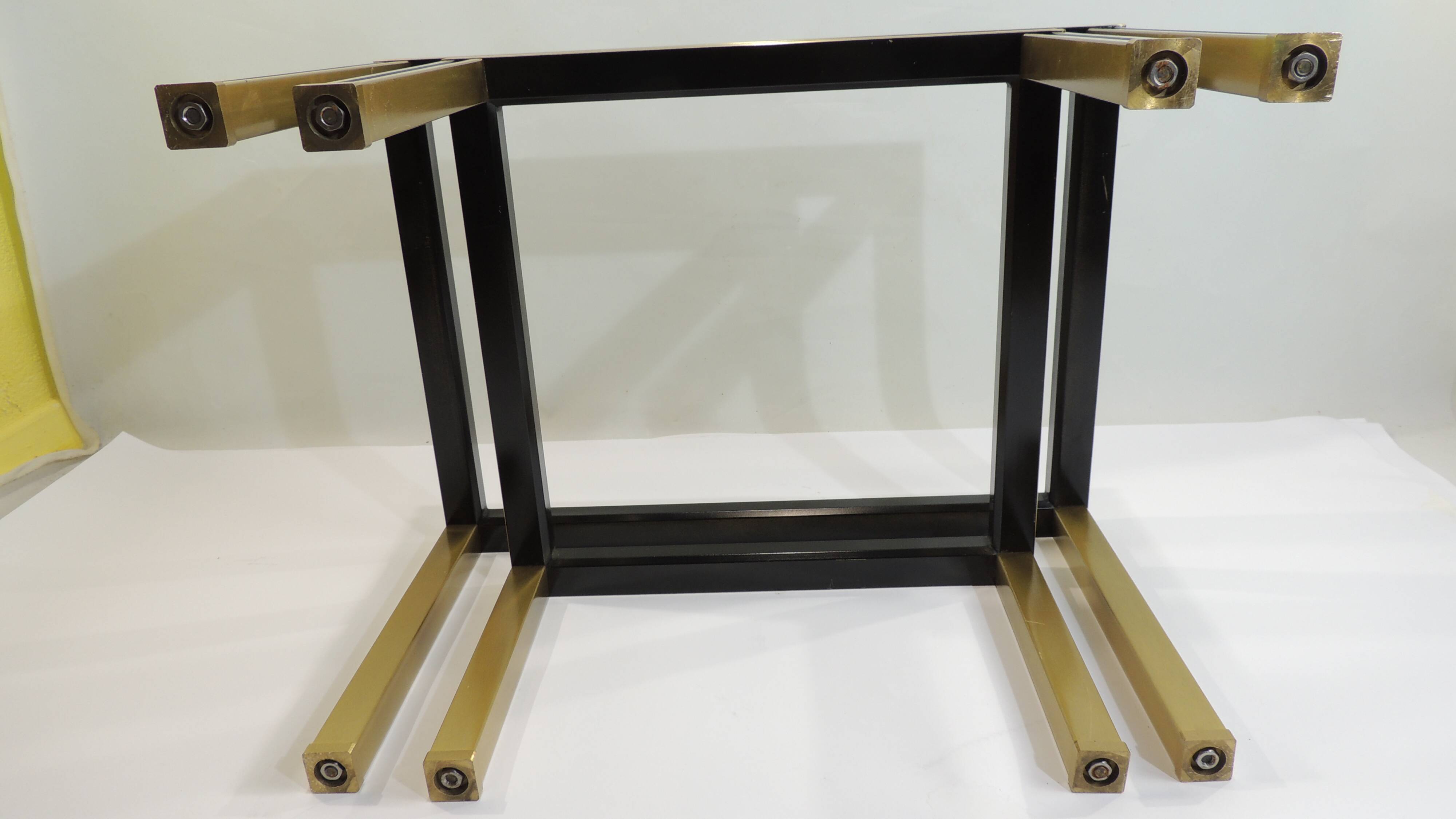 Set of Nesting Coffee Tables in Gold Metal & Beveled Glass by Pierre Vandel