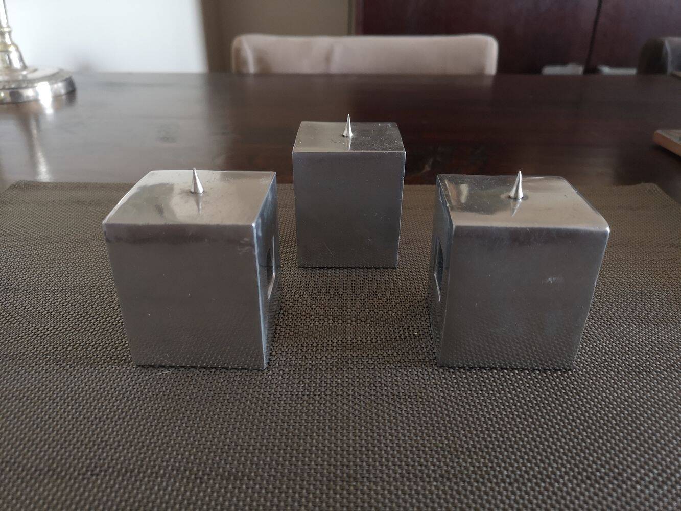 Set of three design candlesticks in brushed steel - Vintage Habitat - 1970s/1980s