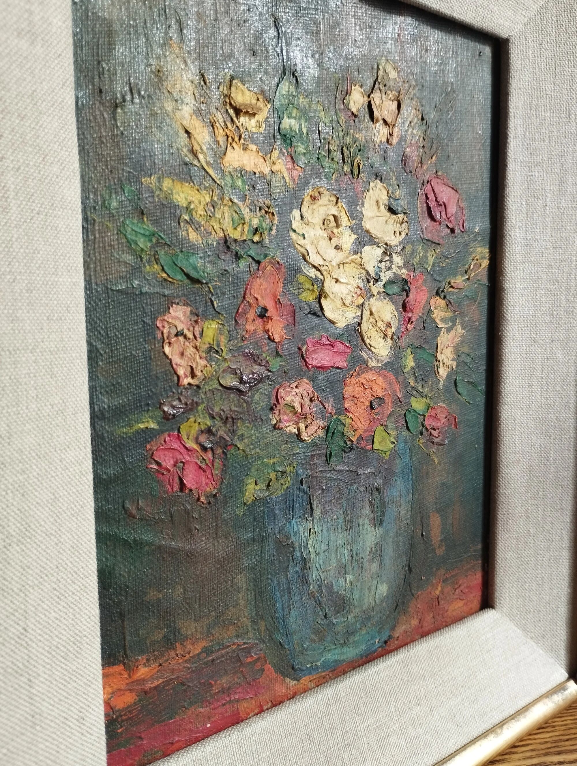 Bouquet de fleurs - Huile sur toile encadrée.