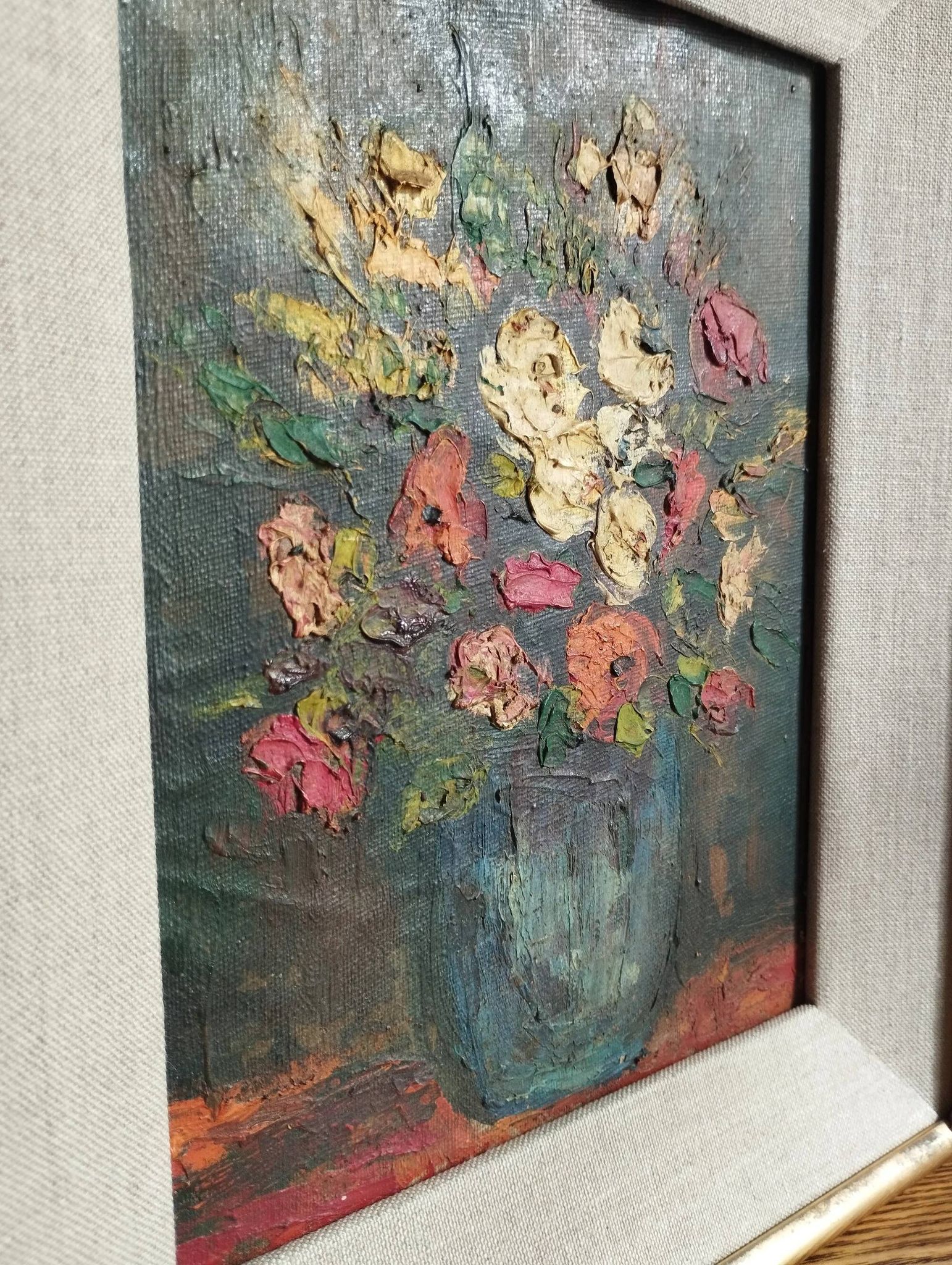 Bouquet de fleurs - Huile sur toile encadrée.