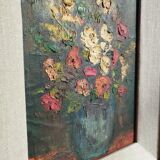 Bouquet de fleurs - Huile sur toile encadrée.
