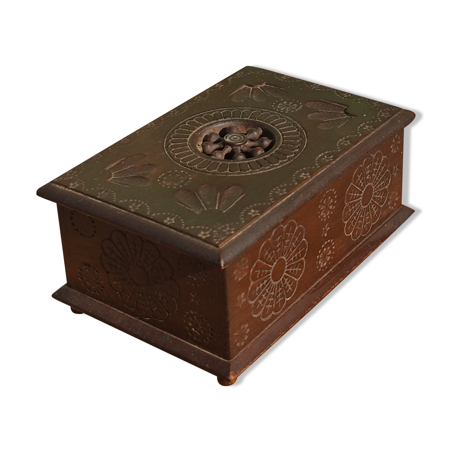 Old artisanal box in carved wood made of French (Brittany)