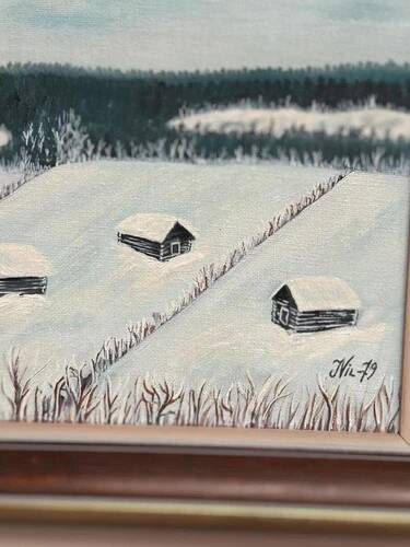 Swedish Oil on Canvas “Houses in the snow” by Nik 79 Vintage & Framed 35x30cm