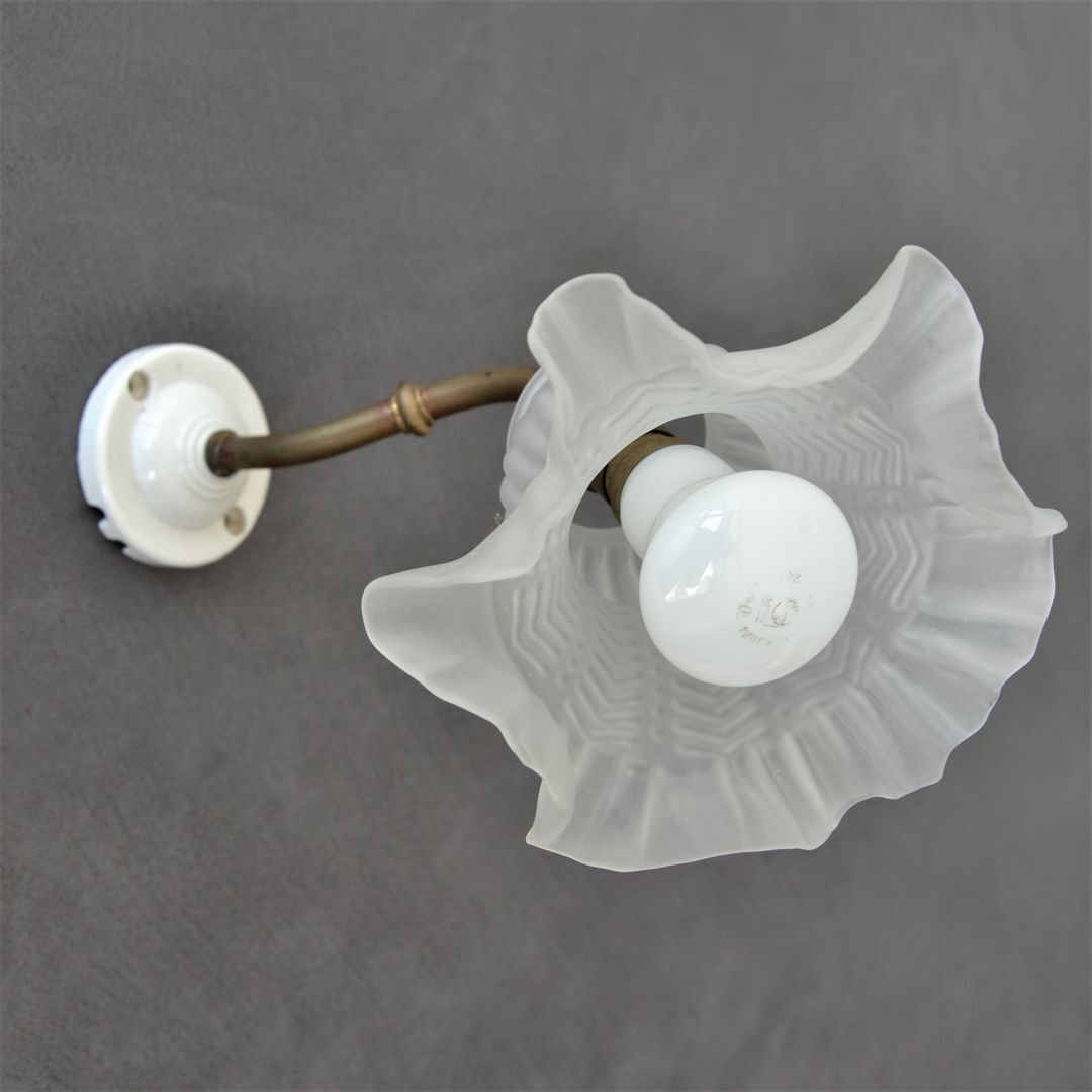 Vintage wall lamp, glass tulip lampshade, brass gooseneck support and blah porcelain