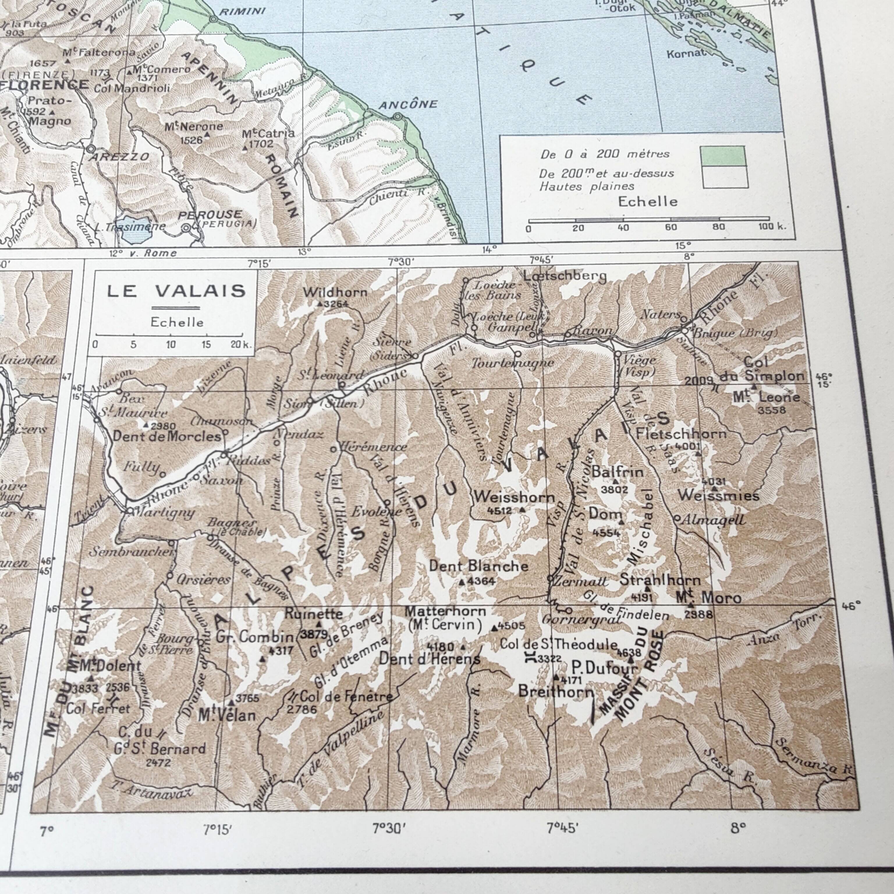 Vintage Europe Alps mountains map from 1950