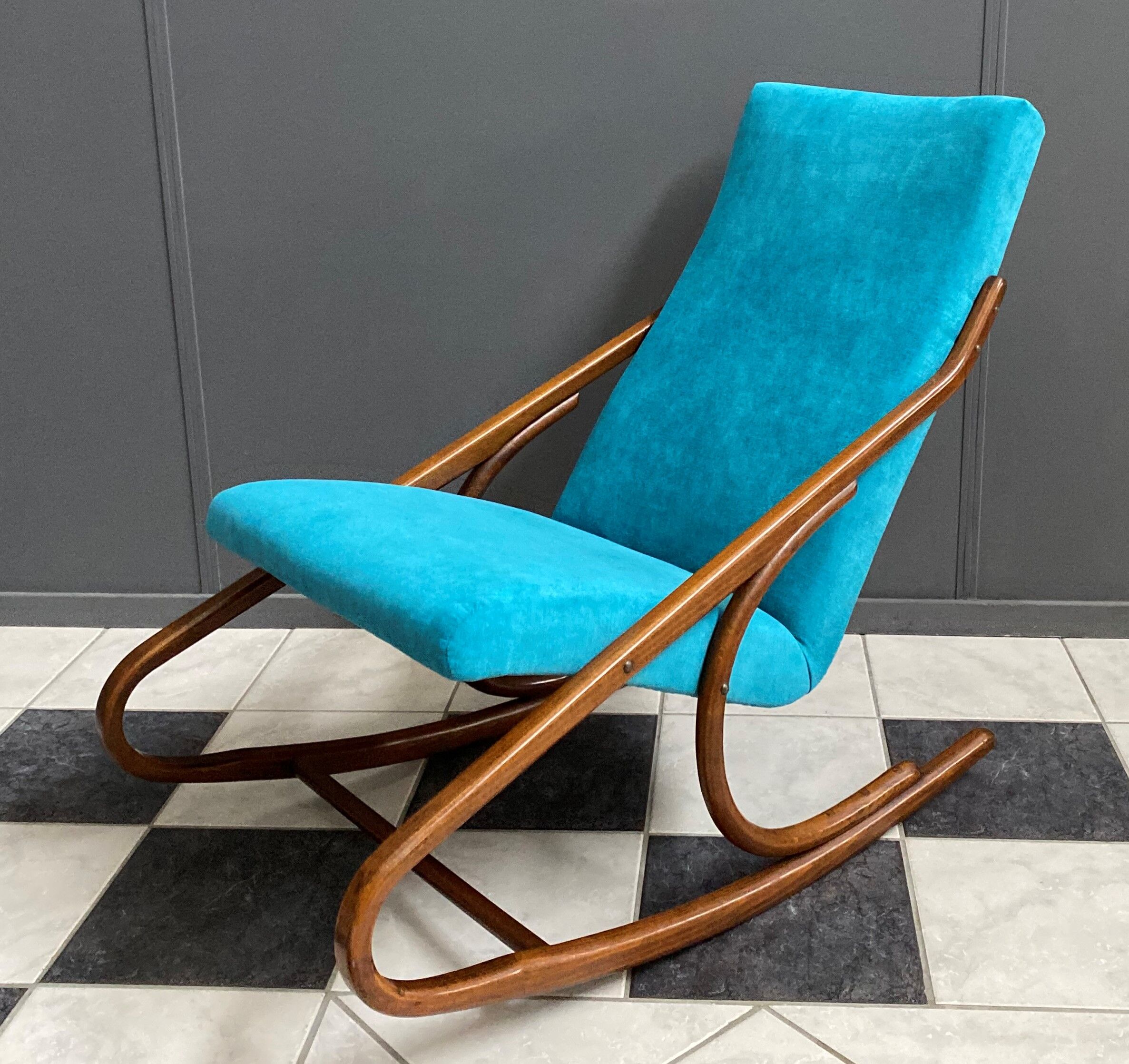 Ton, Thonet arm less rocking chair in blue velvet upholstery