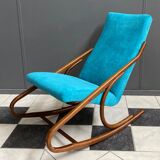 Ton, Thonet arm less rocking chair in blue velvet upholstery