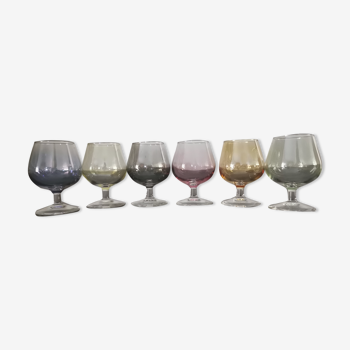 6 old colored glasses with vintage liqueur