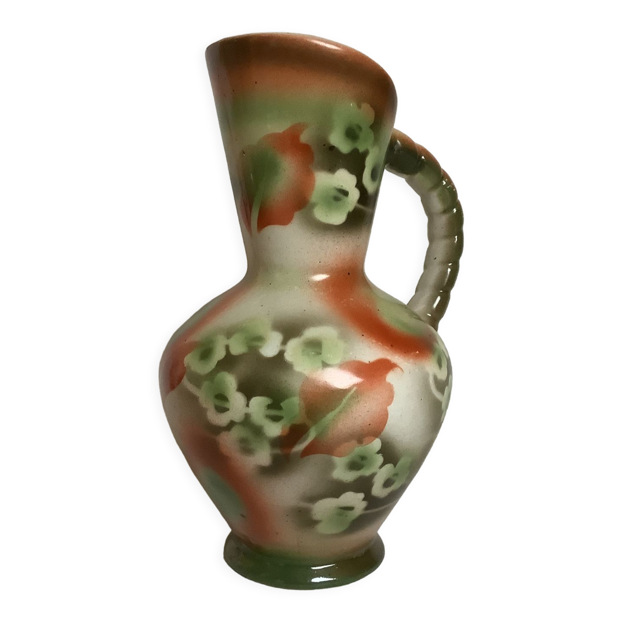 Old vase jug shape green and orange flowers