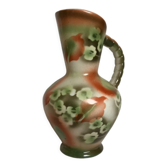 Ancien vase forme cruche fleurs vertes et oranges