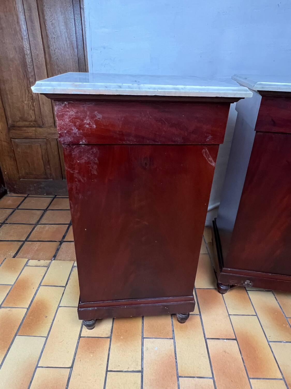Pair of Napoleon III bedside tables in mahogany and marble