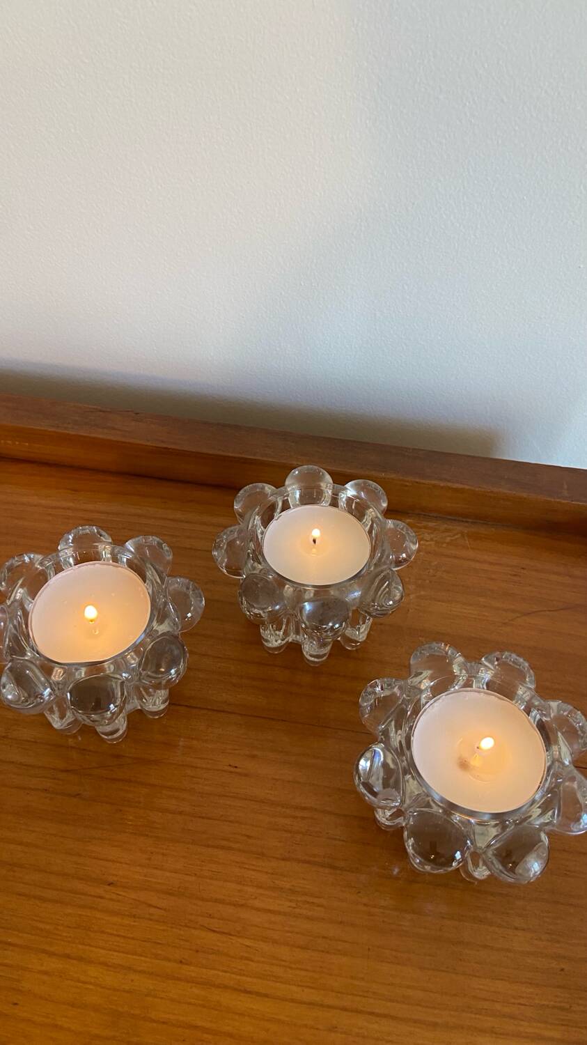 Trio of flower candle holders in molded glass from Reims