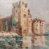 Oil on canvas by RU Rinaldi: castle on the banks