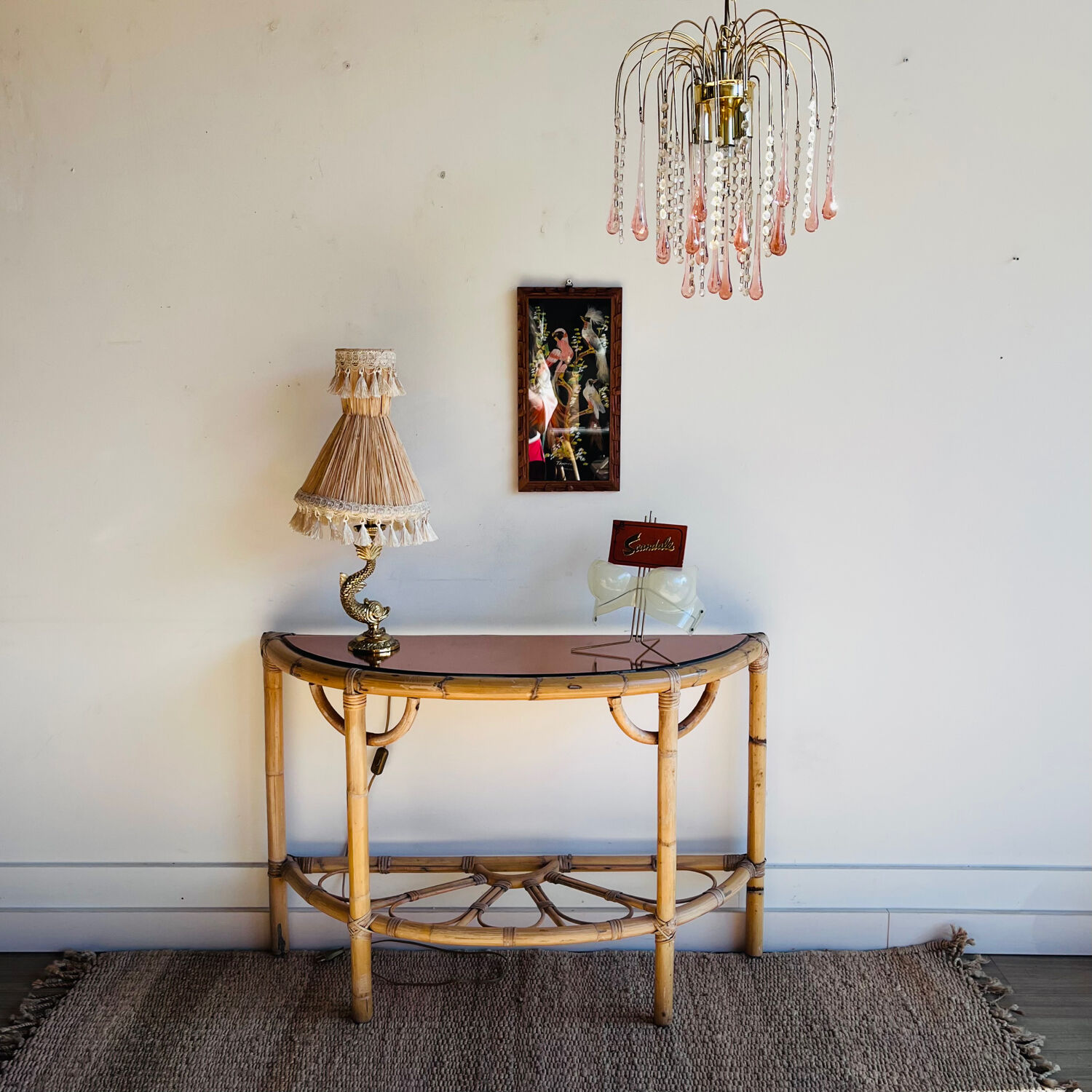 Console table d’appoint en rotin avec miroir rose