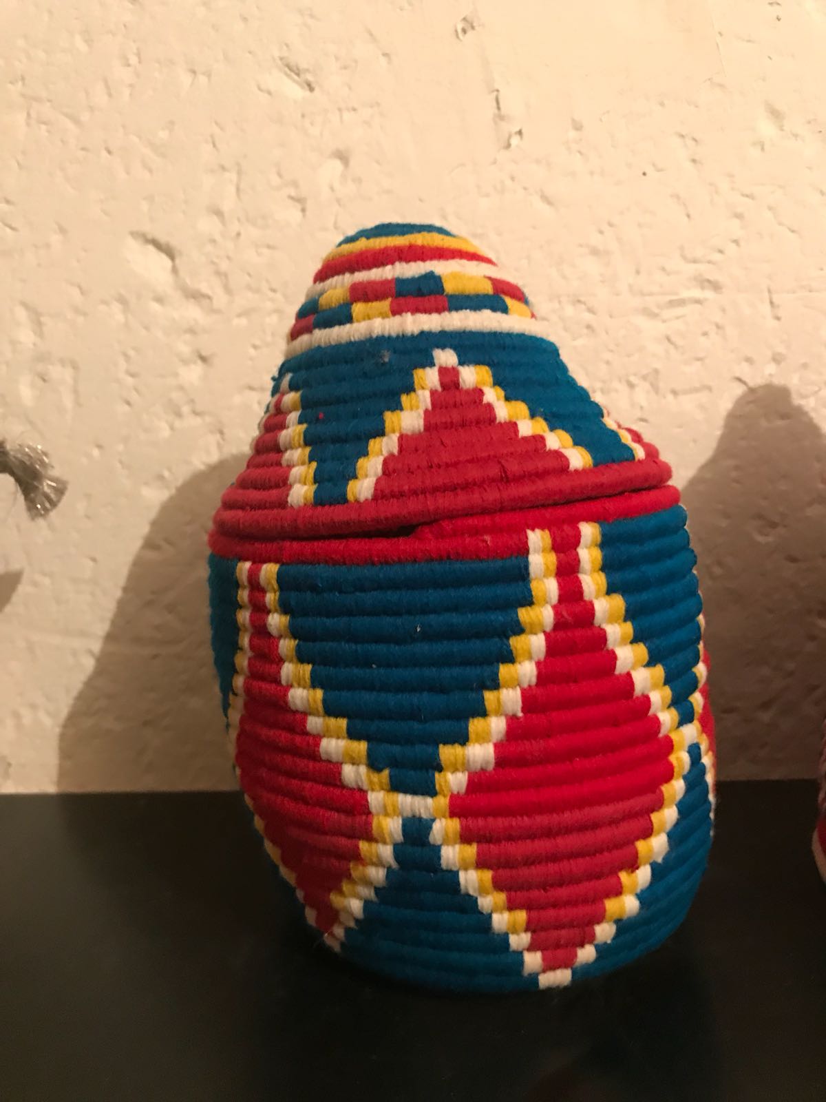 Berber wool and green and Red raffia basket