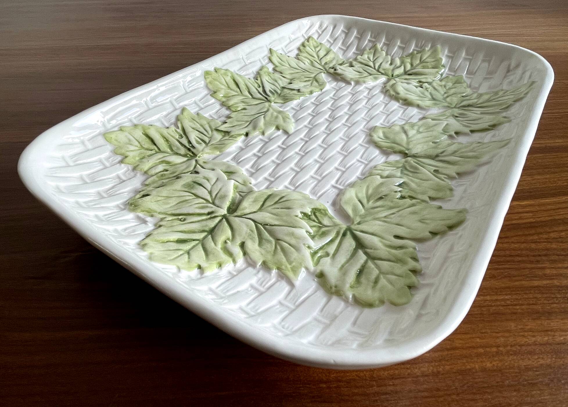 French Barbotine Majolica Serving Platter with Vine Leaf and Basket Weave Motif
