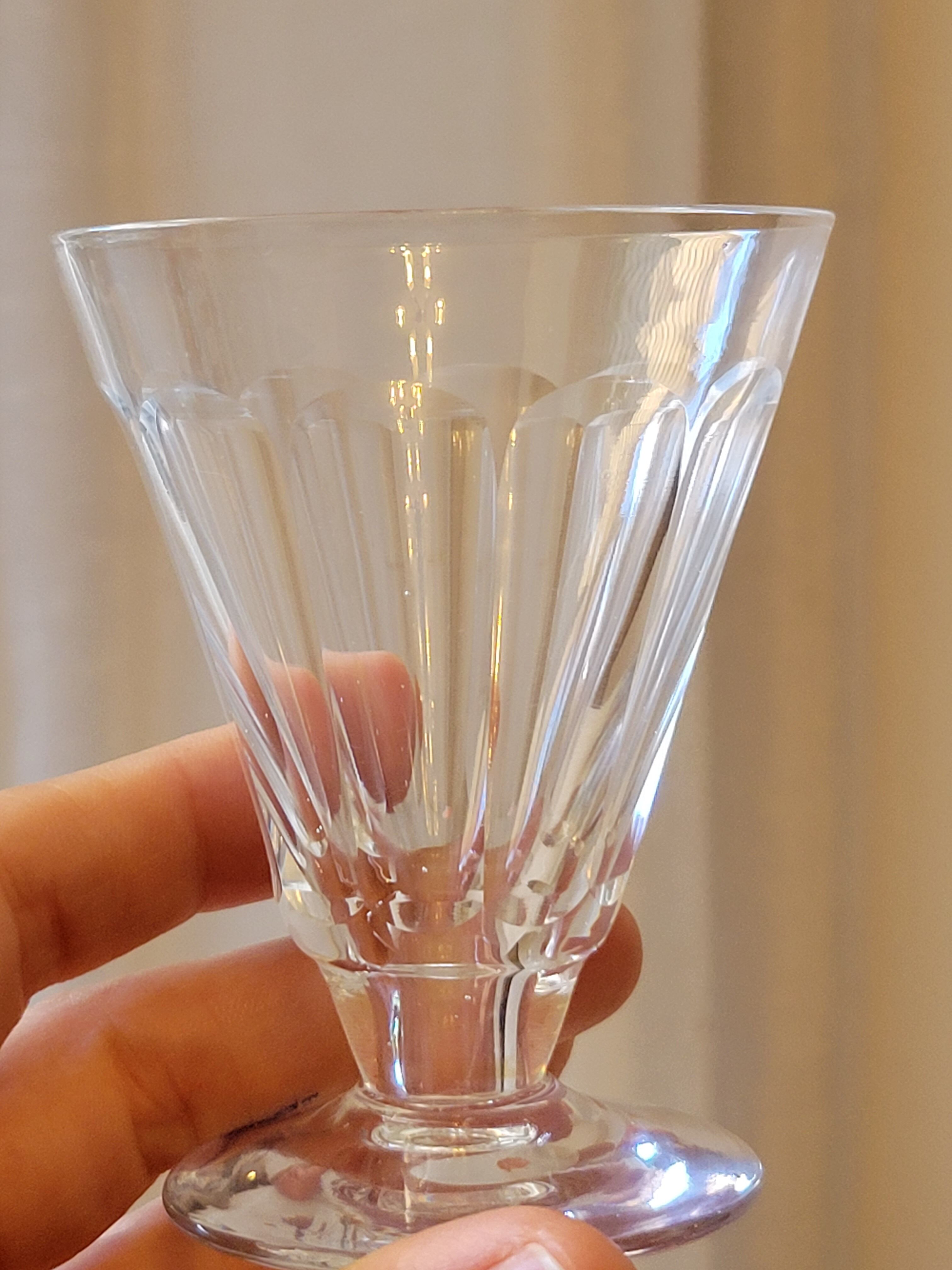 4 old conical liquor glasses cut with 10 flat ribs with faceted sides