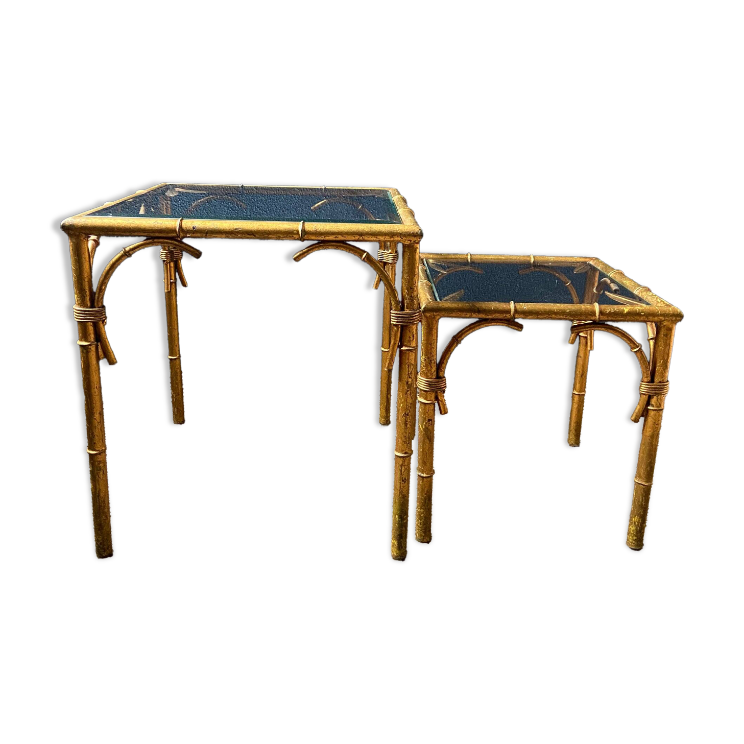 Pair of nesting tables in faux bamboo with glass tops, France, 1960s.