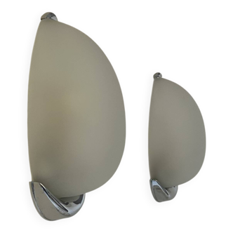 Pair of vintage wall lights, chrome-plated metal and frosted glass, France 1980