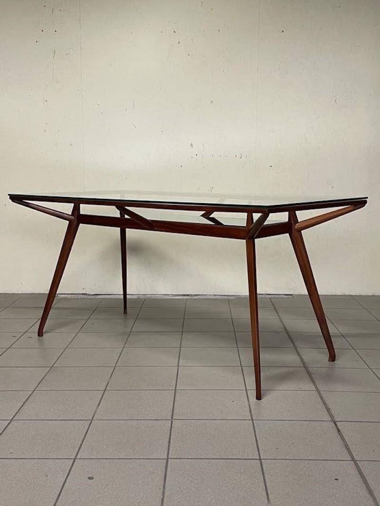 1950s Italian Wooden Table with Double Glass Top
