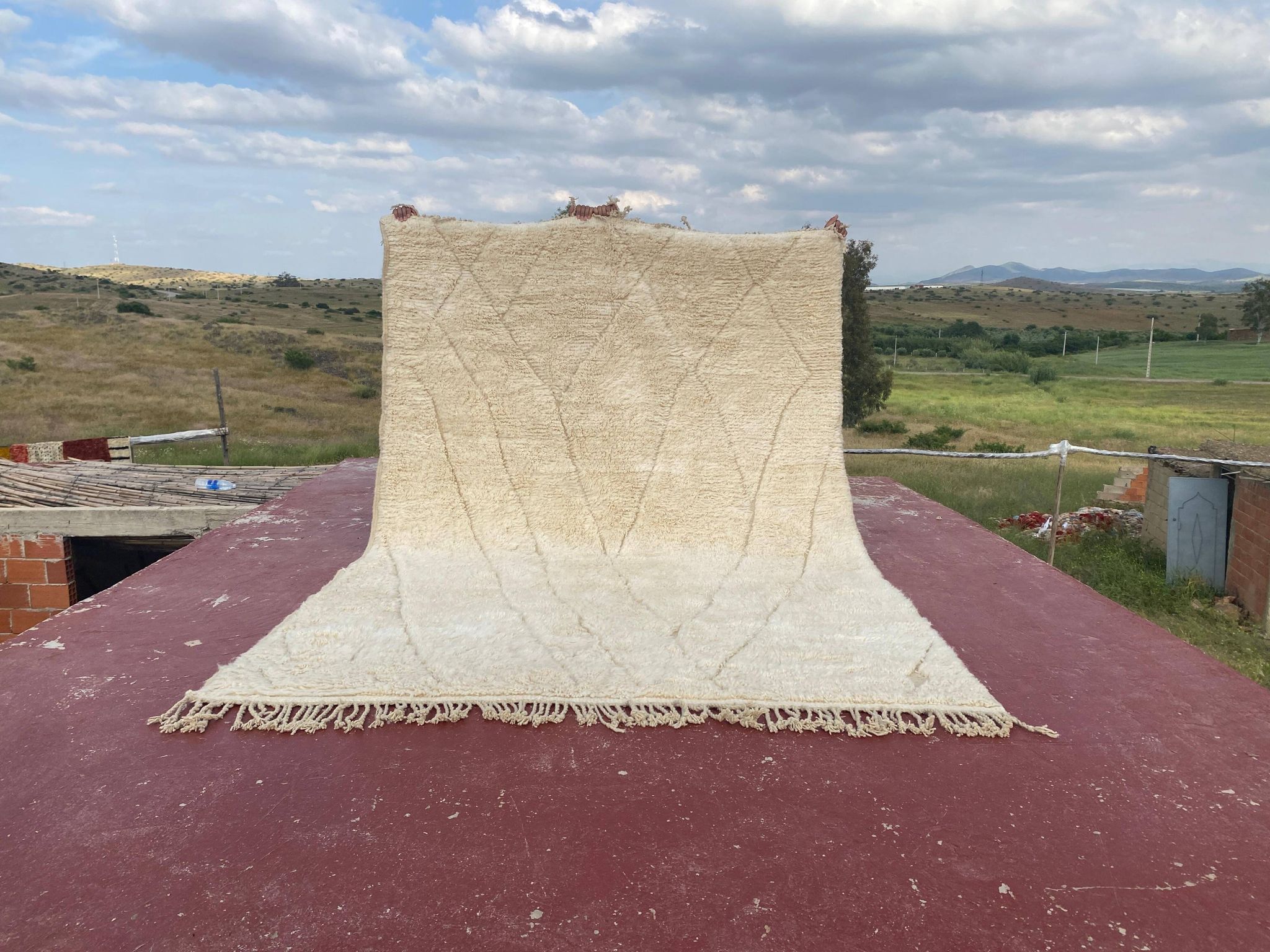 Large cream Beni Ouarain rug with tone-on-tone diamond pattern – 300 x 200 cm