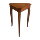 Musical coffee table of triangular shape, fruit wood, tray and feet with marquetry décor