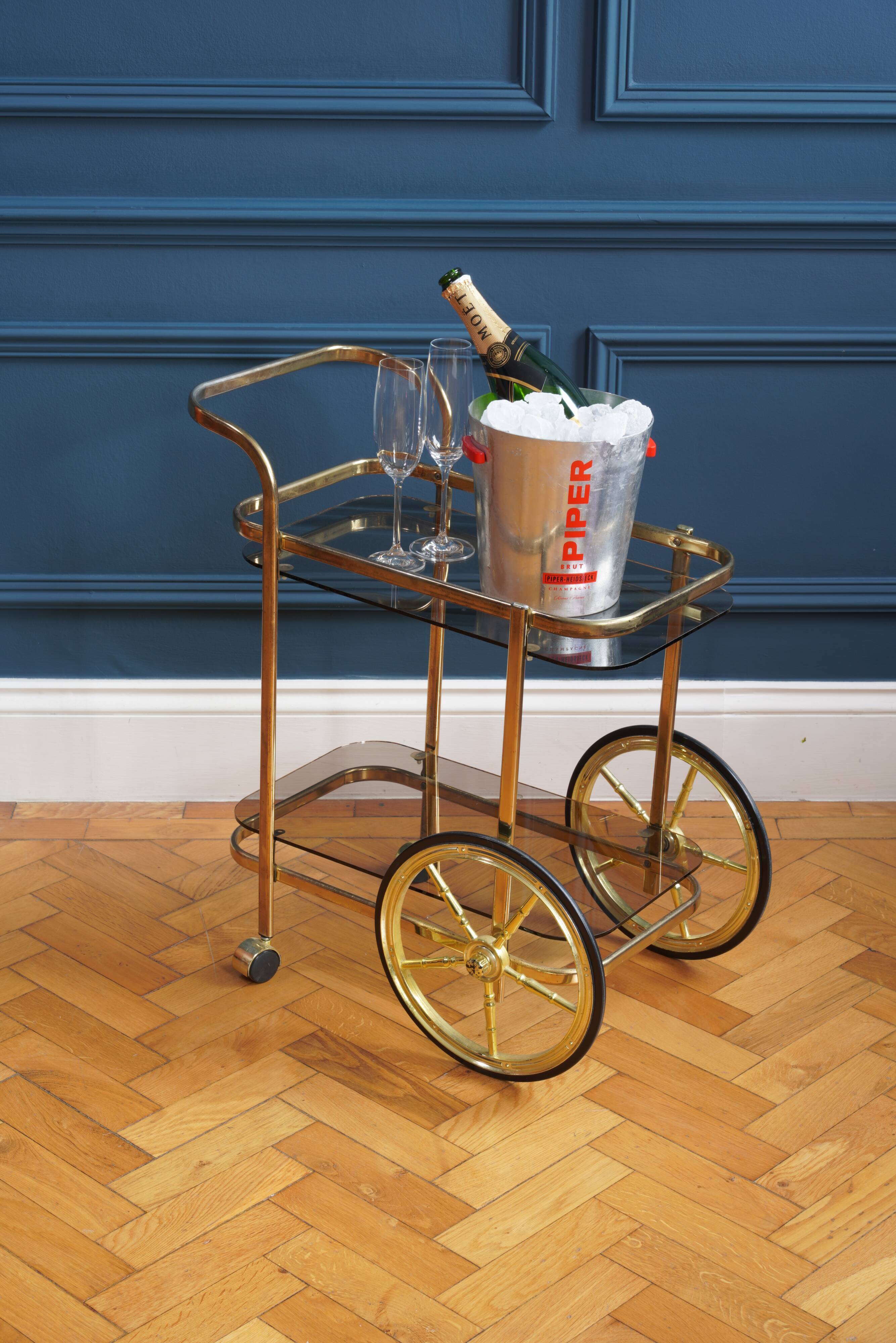 Brass wheeled bar cart