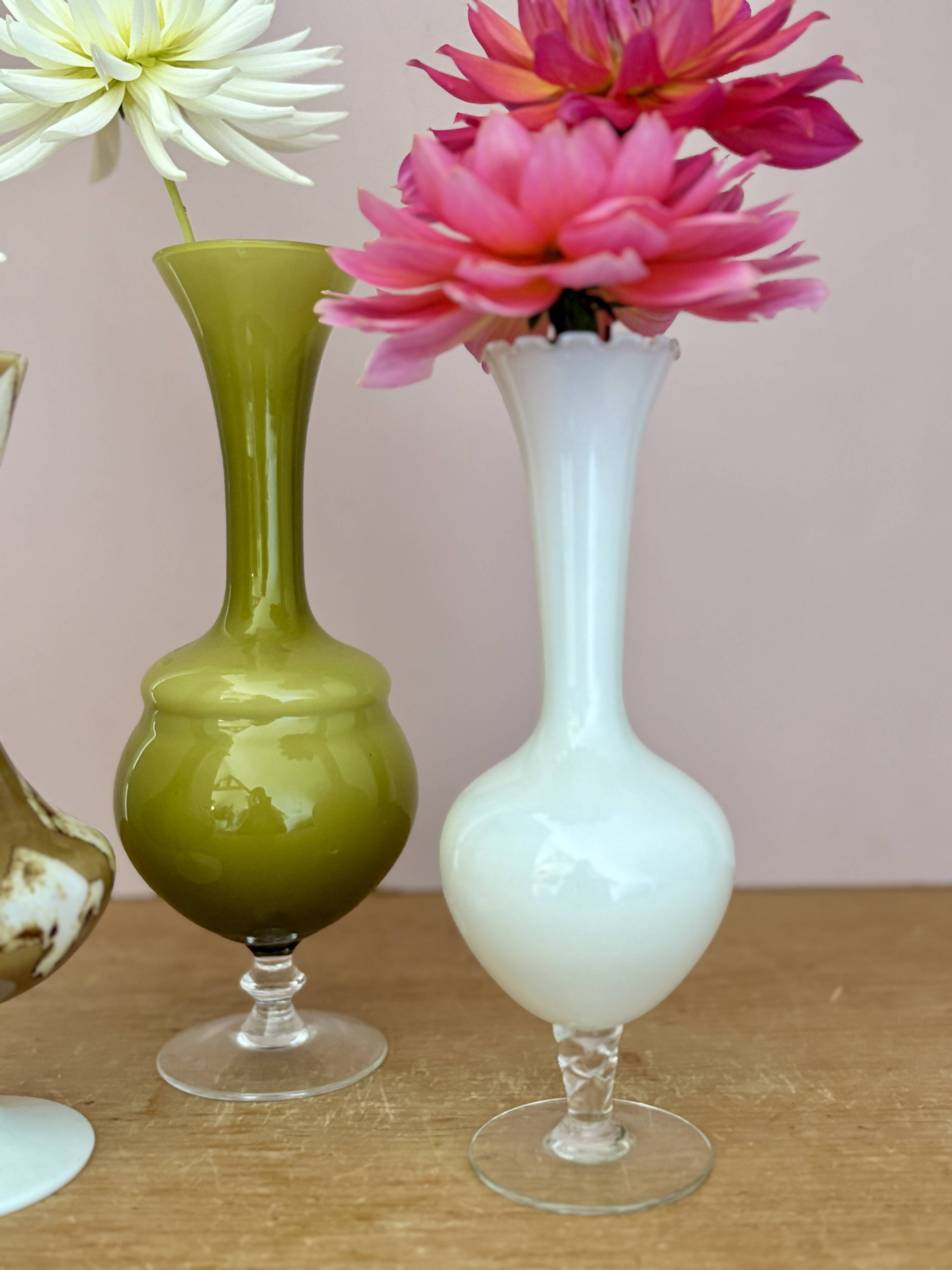 Set of 3 vintage glass and opaline vases