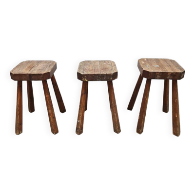 Tabourets rustiques français en bois sculptés à la main « Brutaliste »