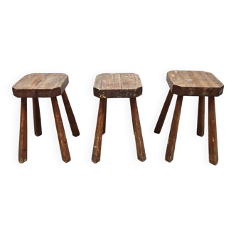 Rustic French wooden hand carved stools 'Brutalist'