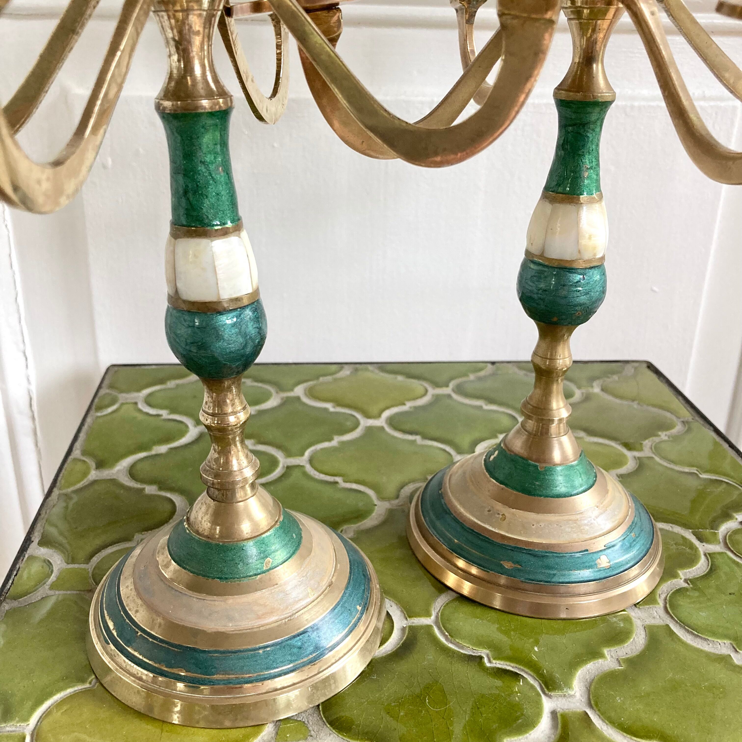 Pair of candlesticks brass and mother-of-pearl candlesticks