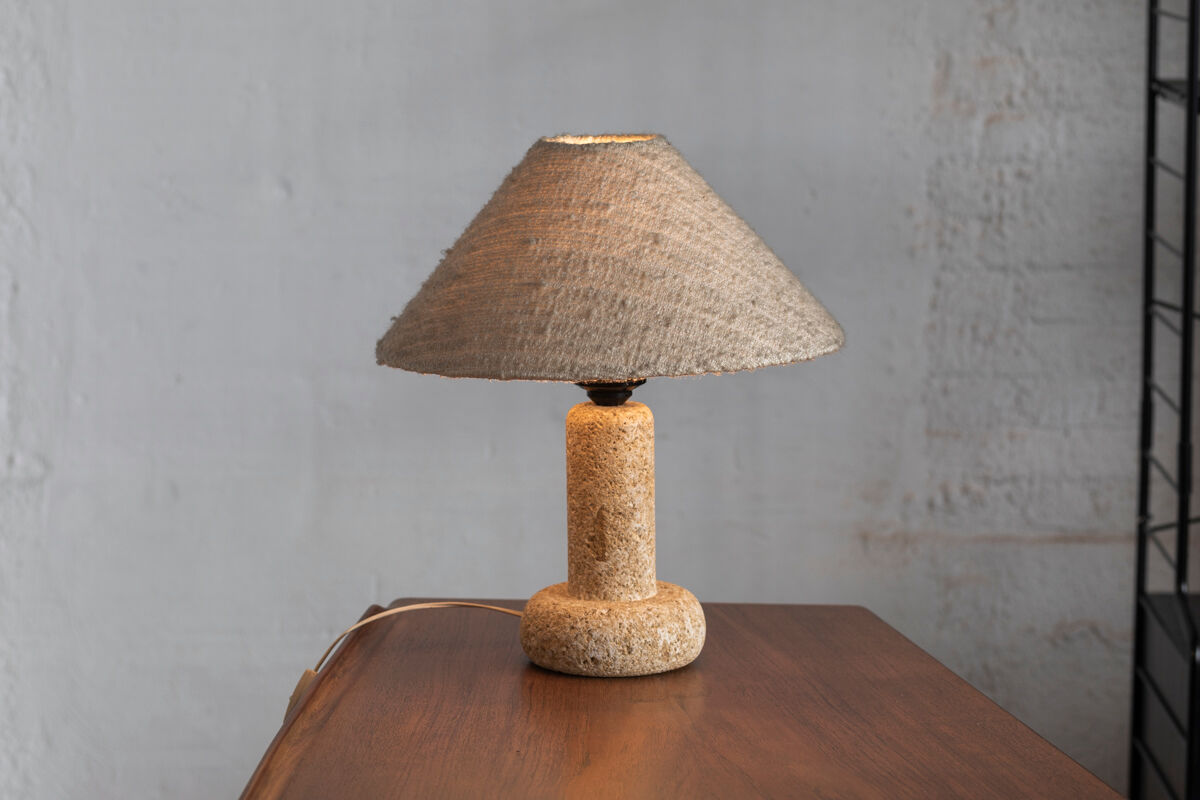 Limestone table lamp with woolen shade, France 1970’s