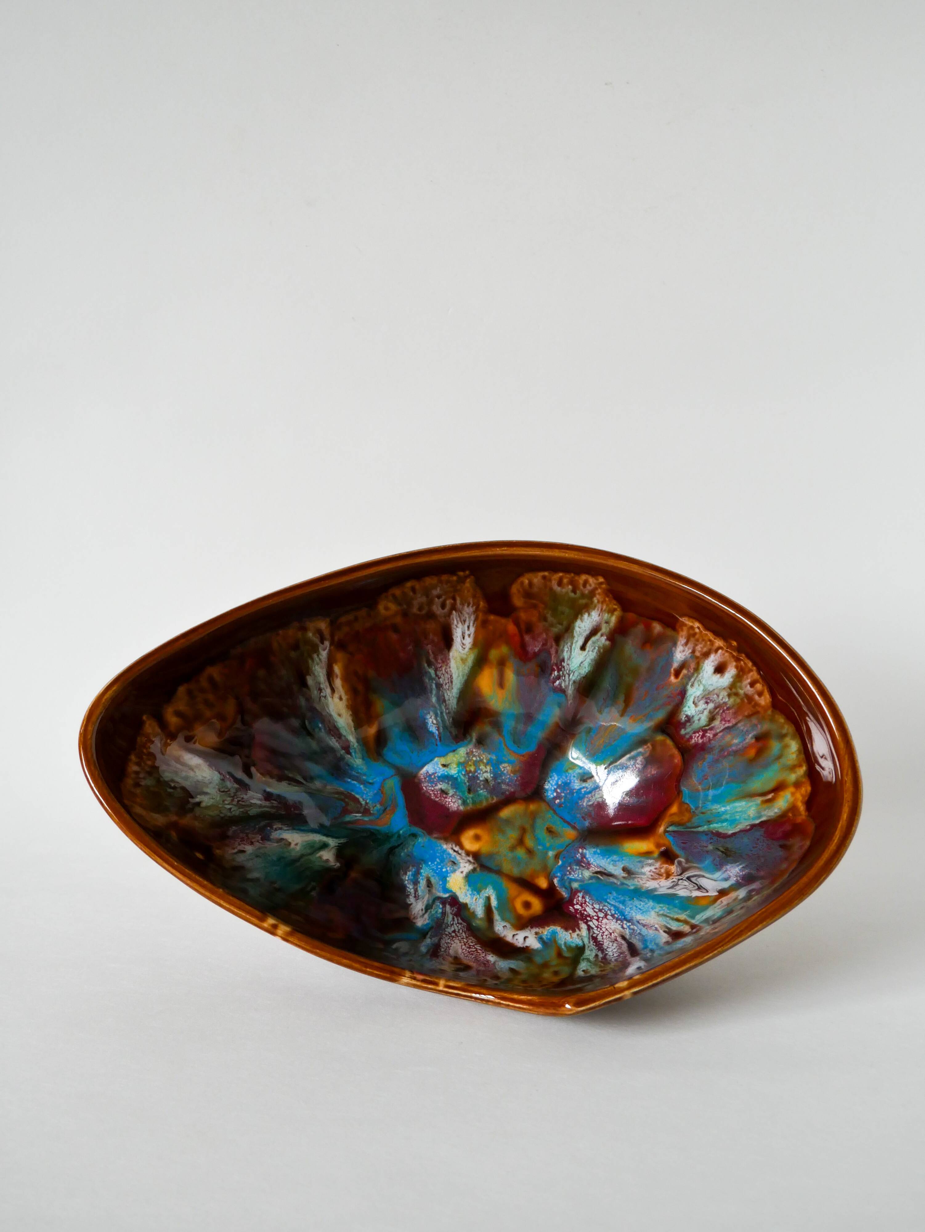 Large brown and colored ceramic bowl, design, 1970